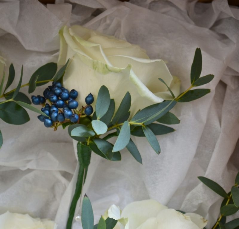 boutonniere with a white rose, blue berries and eucalyptus