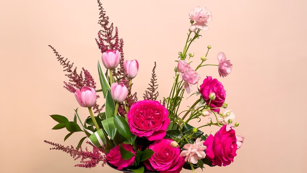 bold black urn with pops of pink garden roses, tulips, butterfly ranunculus and astilbe
