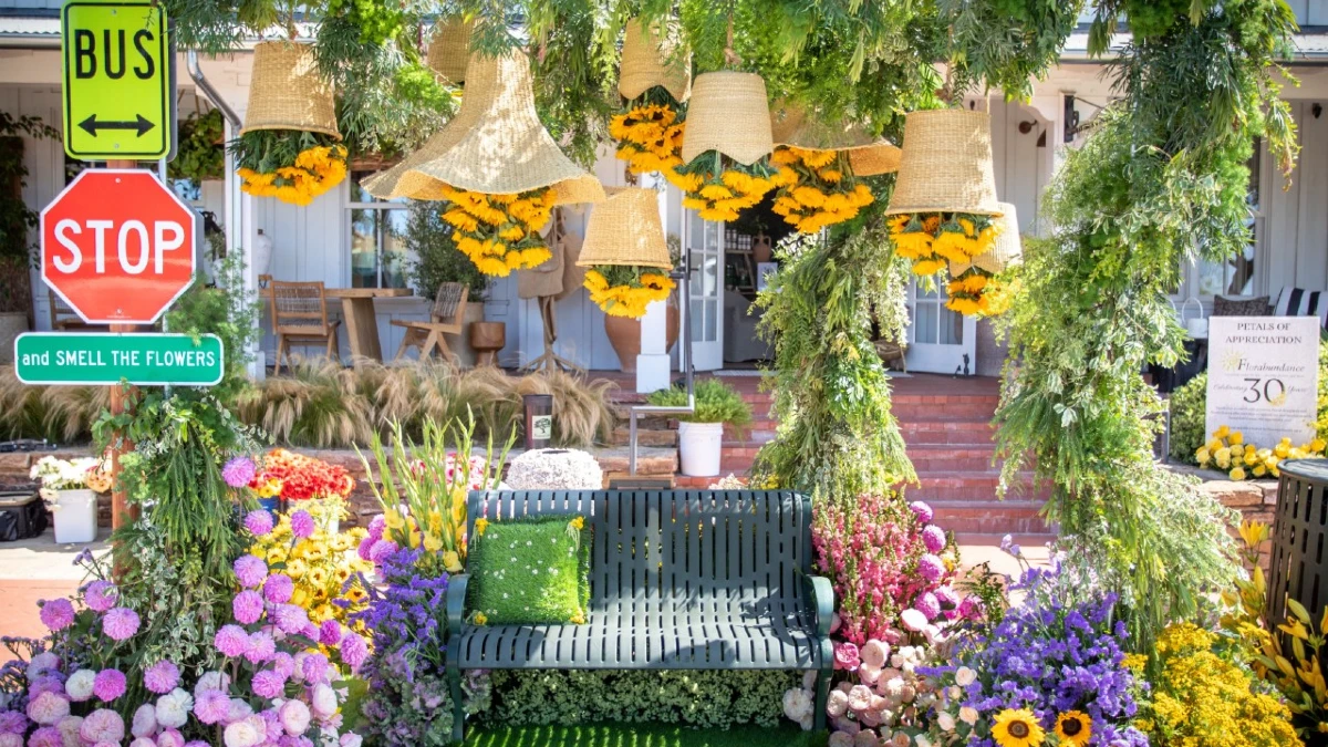 Flowers decorate street corner in Santa Barbara for Florabundance anninverary