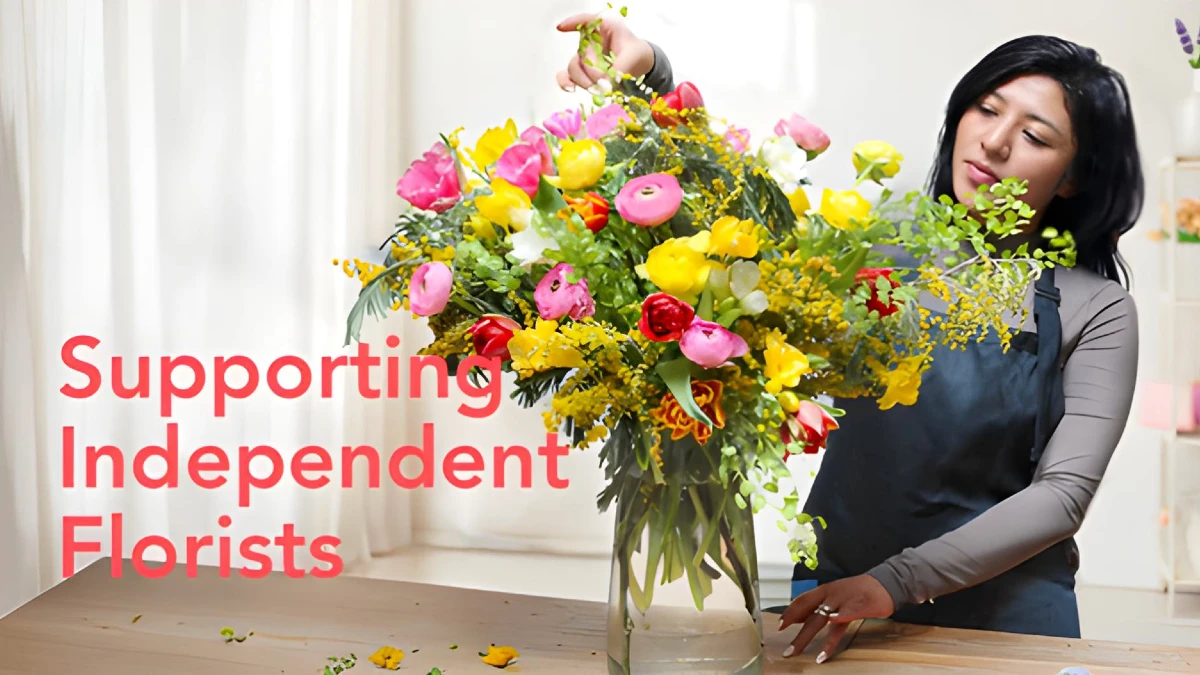 Florist arranging colorful bouquet with text Supporting Independent Florists