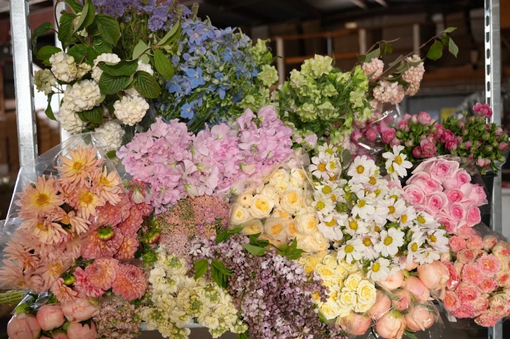 Curated flower pull at Florabundance featuring garden roses hydrangea cosmos and seasonal wedding flowers