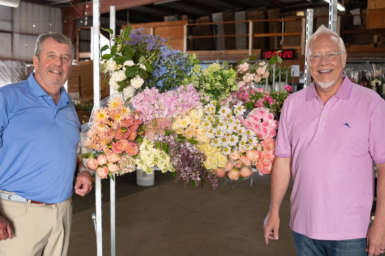 Joost Bongaerts and J Schwanke with curated flower pull at Florabundance in Carpinteria California